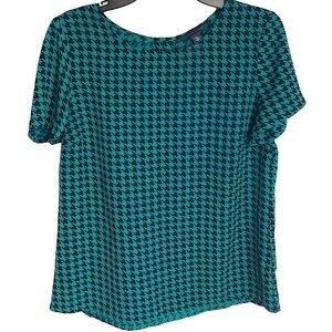 Tommy Hilfiger Blouse Green & Navy Houndstooth Short Sleeve Shirt Size Medium